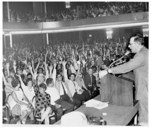 Albert Shanker speaking at the 1968 United Federation of Teachers Delegate Assembly, Local 2, AFT.(Courtesty Walter P. Reuther Library, Wayne State University.)