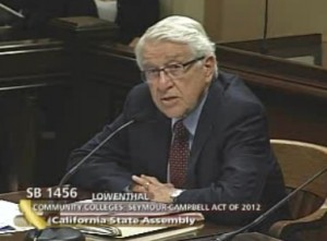 Community College Chancellor Jack Scott testifying on SB 1456, the Student Success Act.  (Source:  The California Channel).  Click to enlarge.